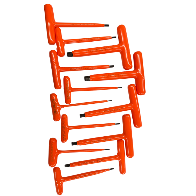 Cementex insulated T-handle hex key set of ten with orange handles arranged in a staggered layout