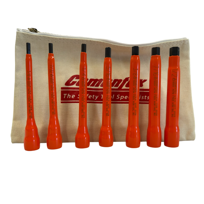 Cementex insulated drift punch set of seven with orange bodies in front of a branded Cementex canvas pouch