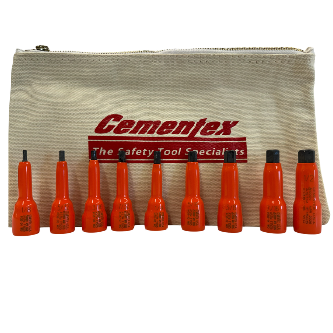 Cementex insulated Socket Set: 3/8″ Square Drive 9 Piece (IHBS38-9) set of nine with orange bodies standing in front of a branded Cementex canvas pouch