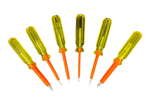 Cementex insulated screwdriver set of six with yellow handles and orange shafts, mix of slotted and Phillips tips