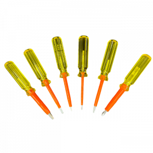Cementex insulated screwdriver set of six with yellow handles and orange shafts, mix of slotted and Phillips tips