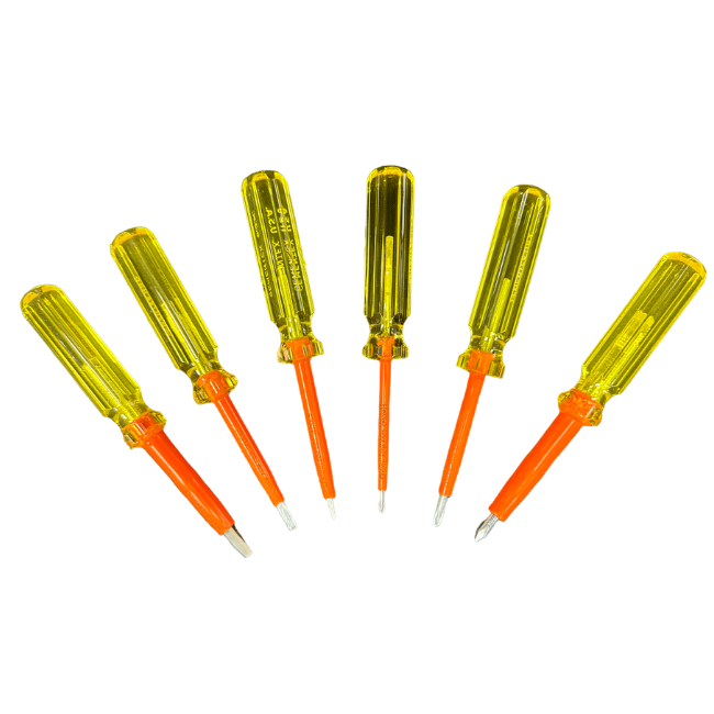 Cementex insulated screwdriver set of six with yellow handles and orange shafts, mix of slotted and Phillips tips