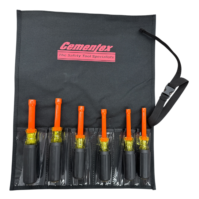 Cementex insulated nut driver set of six with black handles and orange shafts in a branded Cementex roll-up pouch