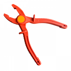 Cementex insulated non-conductive plier tool with an orange non-conductive body and yellow pivot