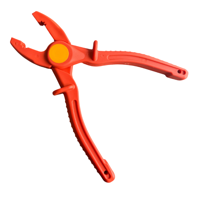 Cementex insulated non-conductive plier tool with an orange non-conductive body and yellow pivot